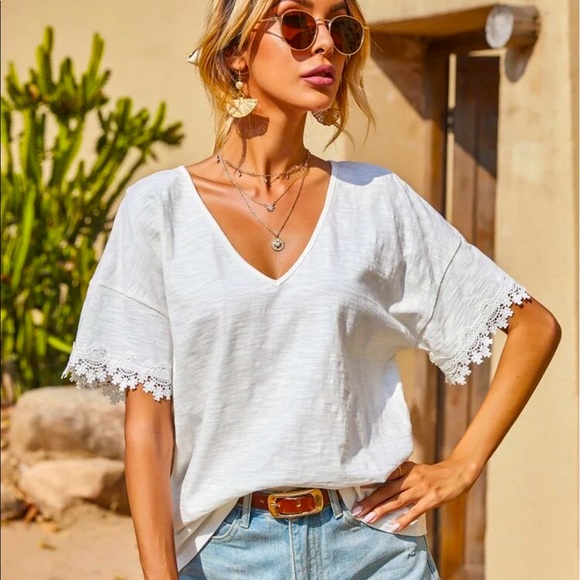 SHEIN Tops - WHITE LACE INSERT DROP SHOULDER TEE